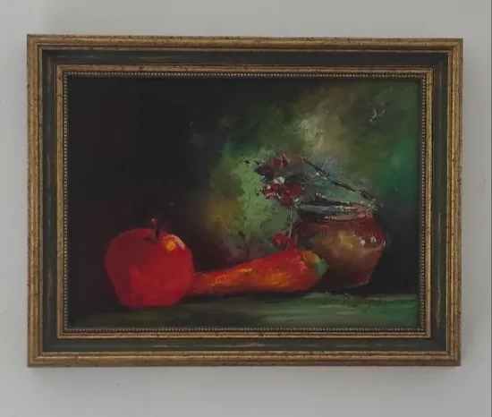 Image of Still life with a jug, a carrot, and an apple. by Natalya Tomchuk , size: 25x35 cm, priced at $500