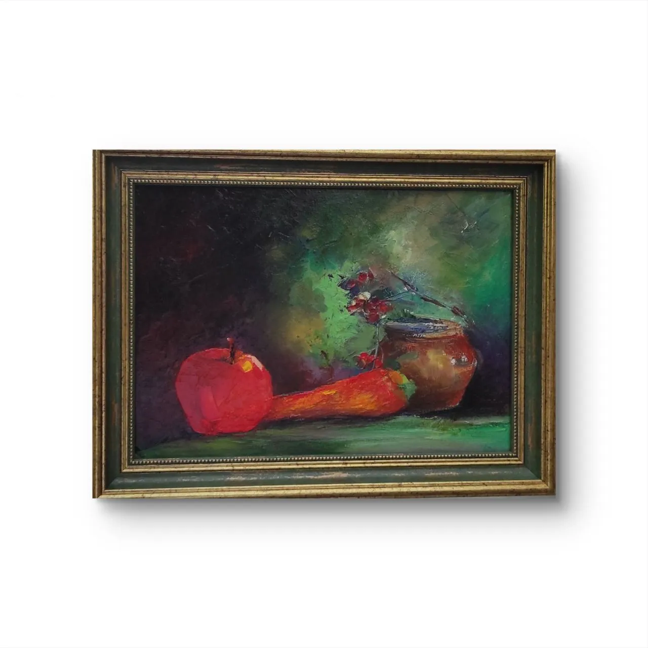 Image of Still life with a jug, a carrot, and an apple. by Natalya Tomchuk , size: 25x35 cm, Painting medium, from Kremenech , priced at $250
